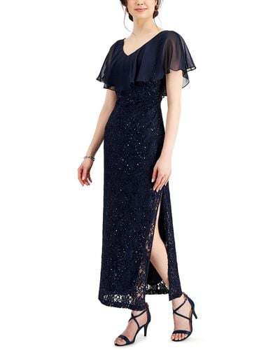 Connected Apparel Petites Lace Overlay Sequined Evening Dress - Blue