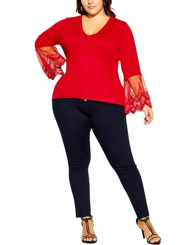 City Chic Plus Lace Trim Pullover Top - Red
