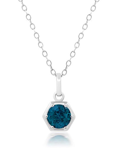 Nicole Miller Sterling Silver Round Gemstone Hexagon Pendant Necklace On 18 Inch Chain - Blue