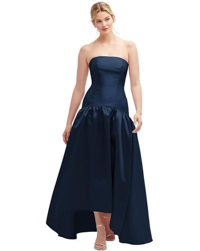 Alfred Sung Strapless Fitted Satin High Low Dress With Shirred Ballgown Skirt - Blue