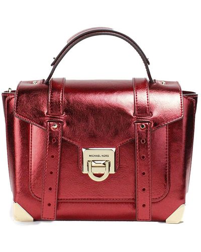 Michael Kors Manhattan Medium Crimson Leather Top Handle School Satchel Bag - Red