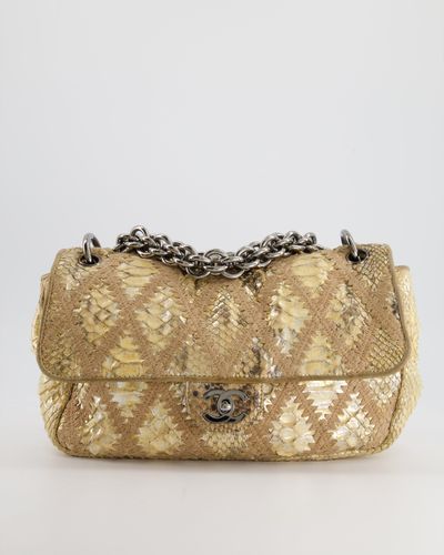 Chanel And Gold Python And Crochet Flap Shoulder Bag With Ruthenium Hardware And Large Chain Strap - Metallic