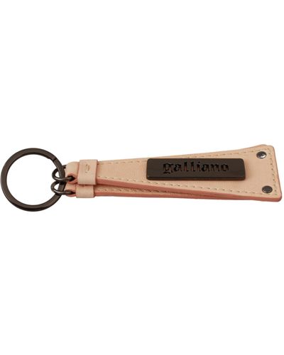 John Galliano Metal Steel Leather Beige Ring Branded Logo Keyring Keychain - Black