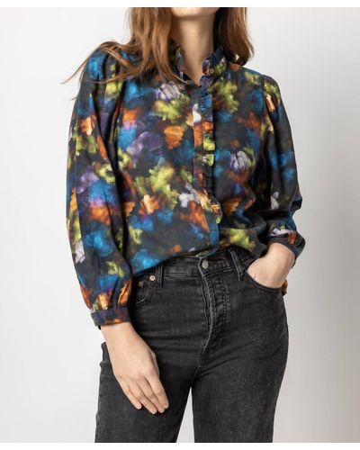Lilla P Printed Full Sleeve Ruffle Front Top - Multicolor