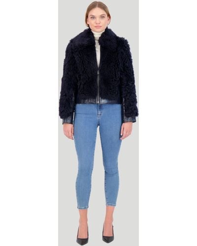 Gorski Shearling Lamb Bomber Jacket With Patent Leather Trim - Blue