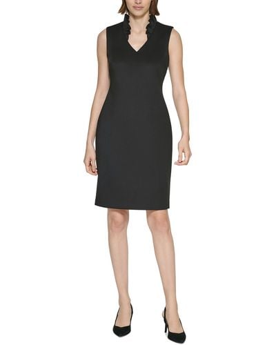 Calvin Klein Ruffled V-neck Knee-length Wear To Work Dress - Black