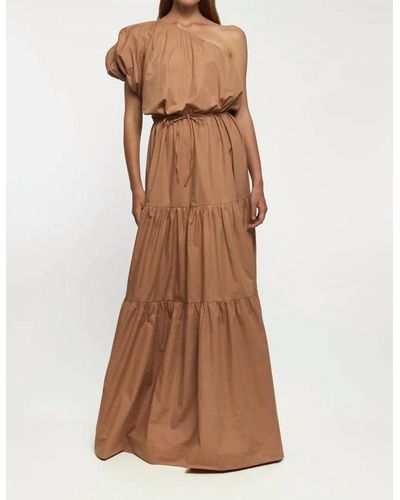 SWF One Shoulder Puff Sleeve Maxi Dress - Brown