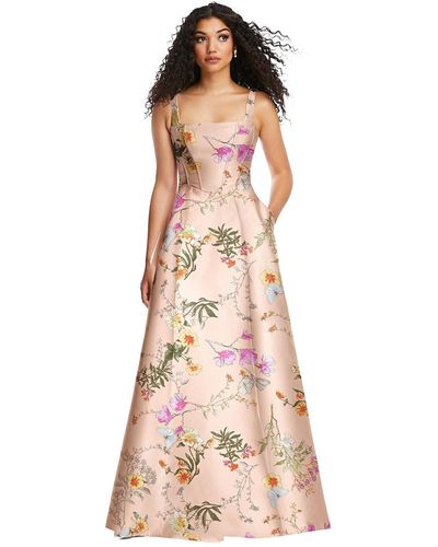 Alfred Sung Boned Corset Closed-back Floral Satin Gown With Full Skirt - Pink