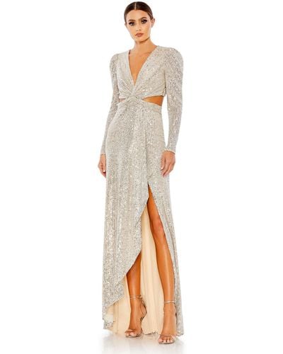 Mac Duggal Sequined Criss Cross Long Sleeve Gown - White