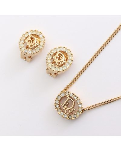 Dior Dior Logo Earrings Necklace Gp Rhinestone Gold Clear 2 Piece Set - Metallic