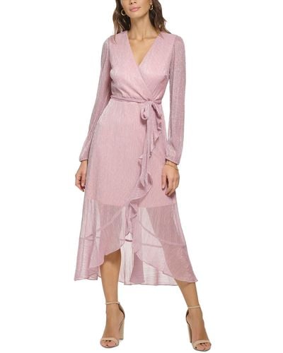Kensie Faux Wrap Metallic Midi Dress - Pink