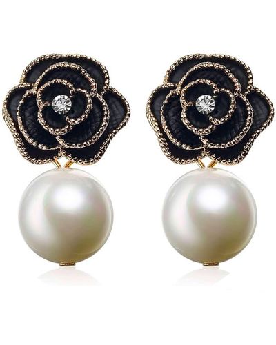 Liv Oliver 18k Gold Flower Pearl Drop Earrings - Black