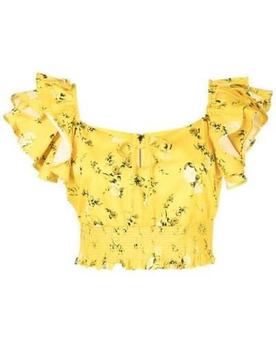 Alice + Olivia Shanae Ruffle Sleeve Tie Front Cropped Top Escape Ditsy - Yellow