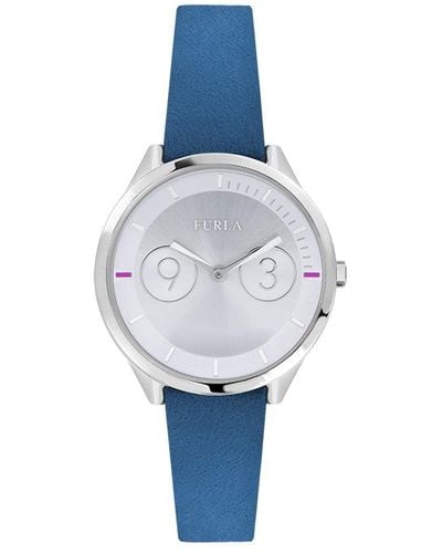 Furla Metropolis Silver Dial Calfskin Leather Watch - Blue