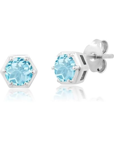 Nicole Miller Sterling Silver Round Cut 5mm Gemstone Hexagon Stud Earrings - Blue