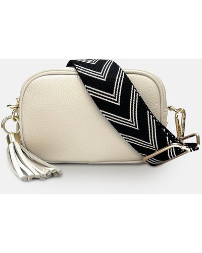 Apatchy London The Mini Tassel Stone Leather Phone Bag With Black & Stone Arrow Strap - White