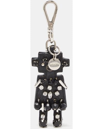 Prada Silver Tone Leather Robot Keychain Bag Charm - Black