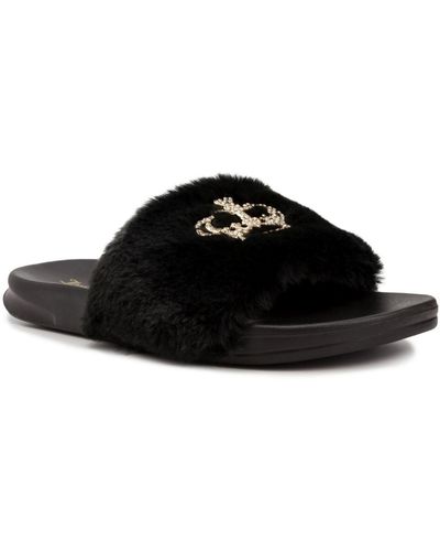 Juicy Couture Windy Faux Fur Logo Slide Sandals - Black