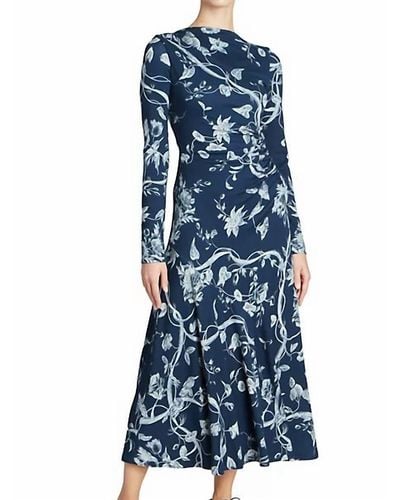 Erdem Long Sleeve Floral Jersey Midi Dress With Drawstring - Blue