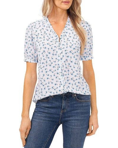 Cece Floral Puff Sleeve Button-down Top - Blue