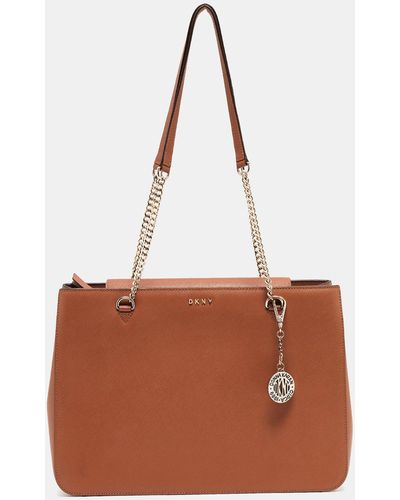 DKNY Tan Leather Bryant Park Chain Tote - Brown