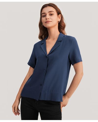 LILYSILK V Neck Half-sleeve Notch Silk Shirt - Blue