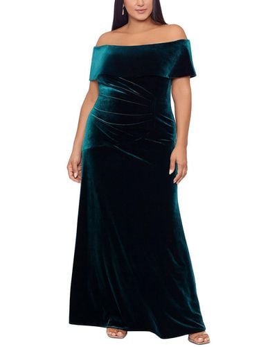 Xscape Plus Velvet Gathered Evening Dress - Blue