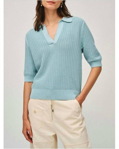 White + Warren Knitted Mesh Polo Top - Blue