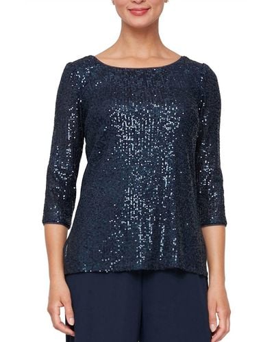 Alex Evenings Sequin 3/4 Sleeve Blouse With Side Slit Detail - Blue