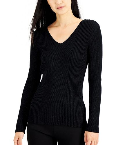 Alfani Ribbed Metallic V-neck Sweater - Black