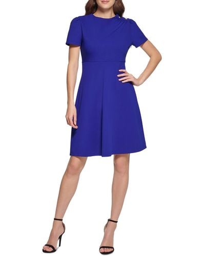 DKNY Petites Button Shoulder Short Sleeves Fit & Flare Dress - Blue