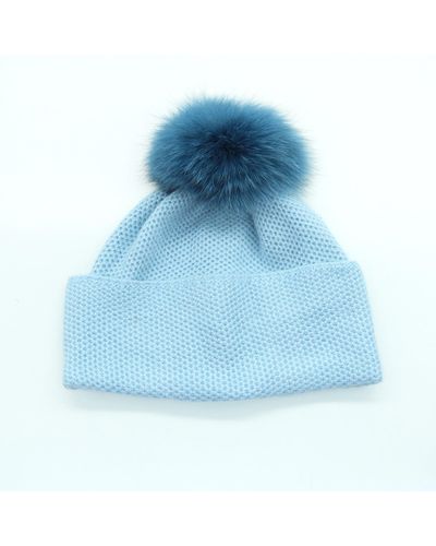 Portolano Beanie Hat With Fur Pom - Blue