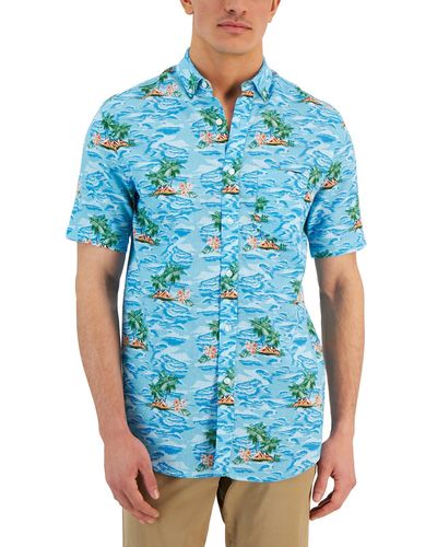 Club Room Linen Blend Printed Hawaiian Print Shirt - Blue