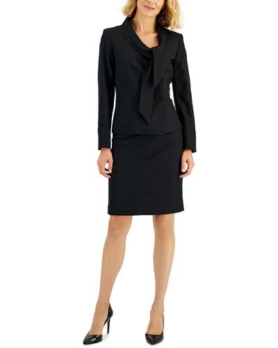 Le Suit Petites Tie Collar Business Skirt Suit - Black