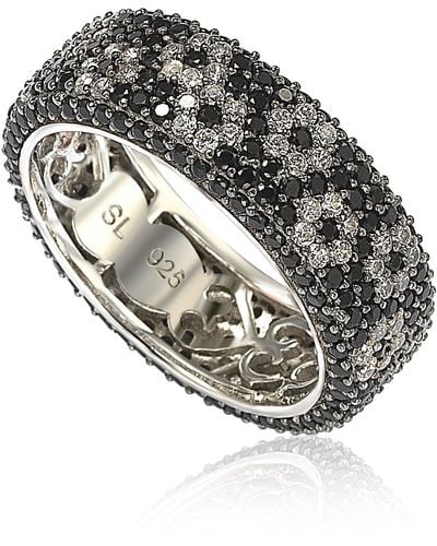 Suzy Levian Sterling Silver Cubic Zirconia White & Pave Flower Eternity Band Ring - Black
