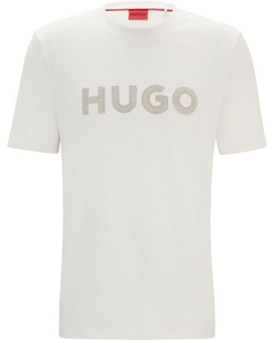 HUGO Cotton-jersey Regular-fit T-shirt With Crochet Logo - White