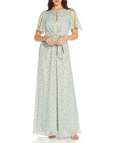Adrianna Papell Chiffon Floral Print Maxi Dress - Blue