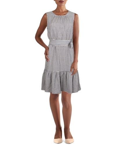 DKNY Checkered Sleeveless Fit & Flare Dress - Gray