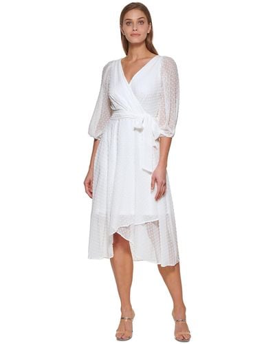 DKNY Petite Swiss-dot Faux-wrap Dress - White
