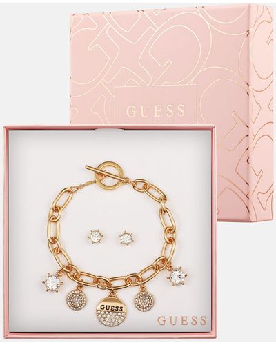 Guess Factory Gold-tone Charm Bracelet And Crystal Earrings Box Set - Pink
