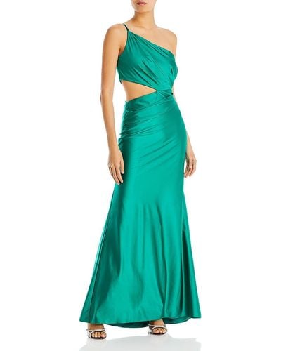Aqua Satin Side Cut Evening Dress - Green