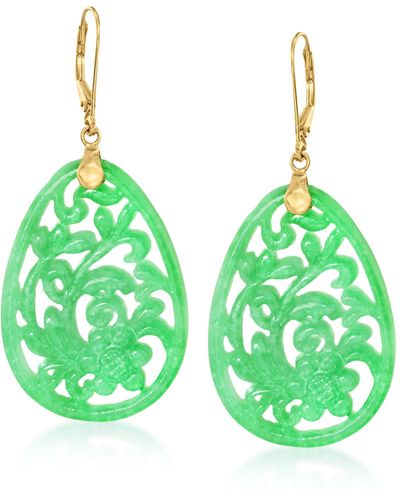 Ross-Simons Carved Jade Floral Drop Earrings - Green