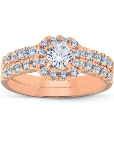 Pompeii3 1 1/4 Ct Diamond Cushion Halo Engagement Wedding Ring Set - Blue