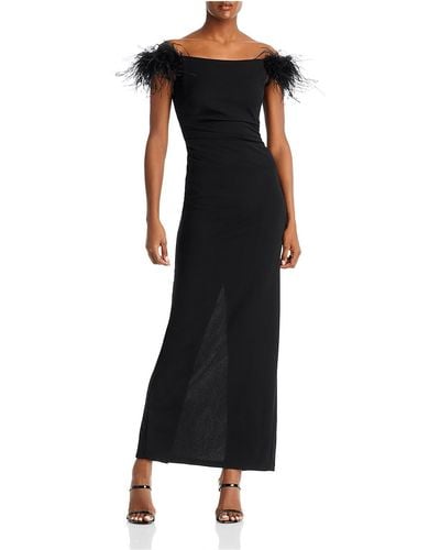 Aqua Ostrich Feathers Column Evening Dress - Black