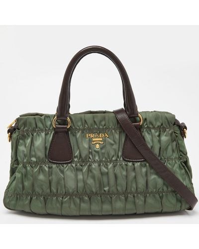 Prada /brown Gaufre Nylon And Leather Tote - Green