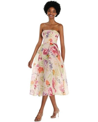 Alfred Sung Strapless Pink Floral Organdy Midi Dress