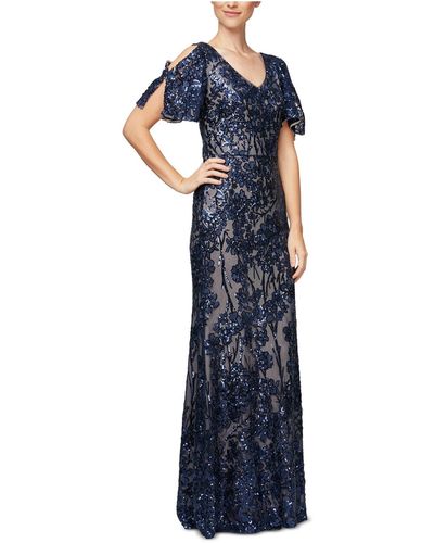 Alex Evenings Embroidered Sequined Formal Dress - Blue
