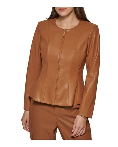DKNY Faux Leather Light Weight Soft Shell Jacket - Brown