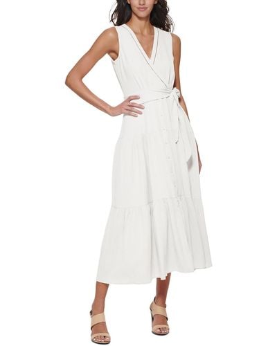 Calvin Klein Textured V Neck Midi Dress - White