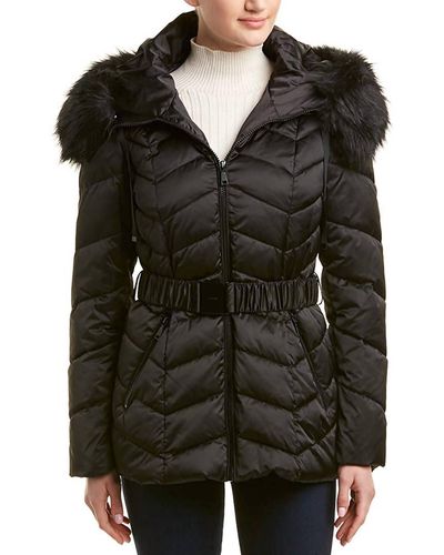 T Tahari Leon Faux Fur Trim Hood Belted Coat Short Jacket - Black